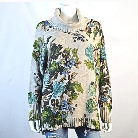 J. Jill Tan Green Turquoise Floral Knit Turtleneck Pullover Sz. L Sweater - Picture 2 of 14